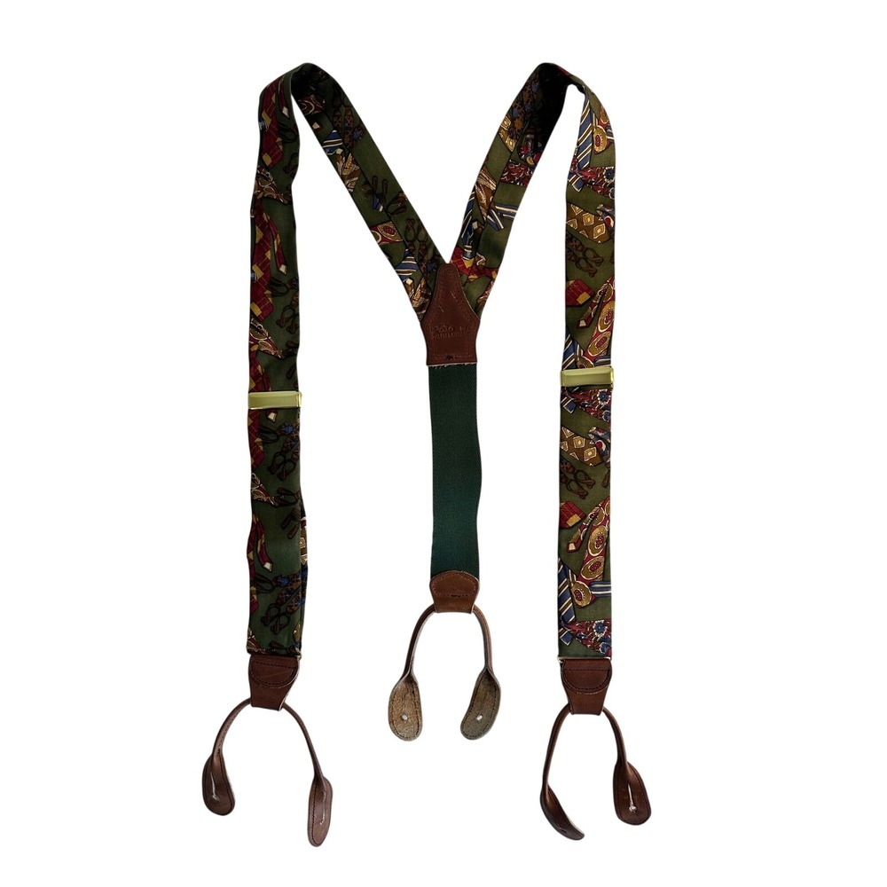 Vintage Polo Ralph Lauren Silk Suspenders Green Necktie Print Leather Brass